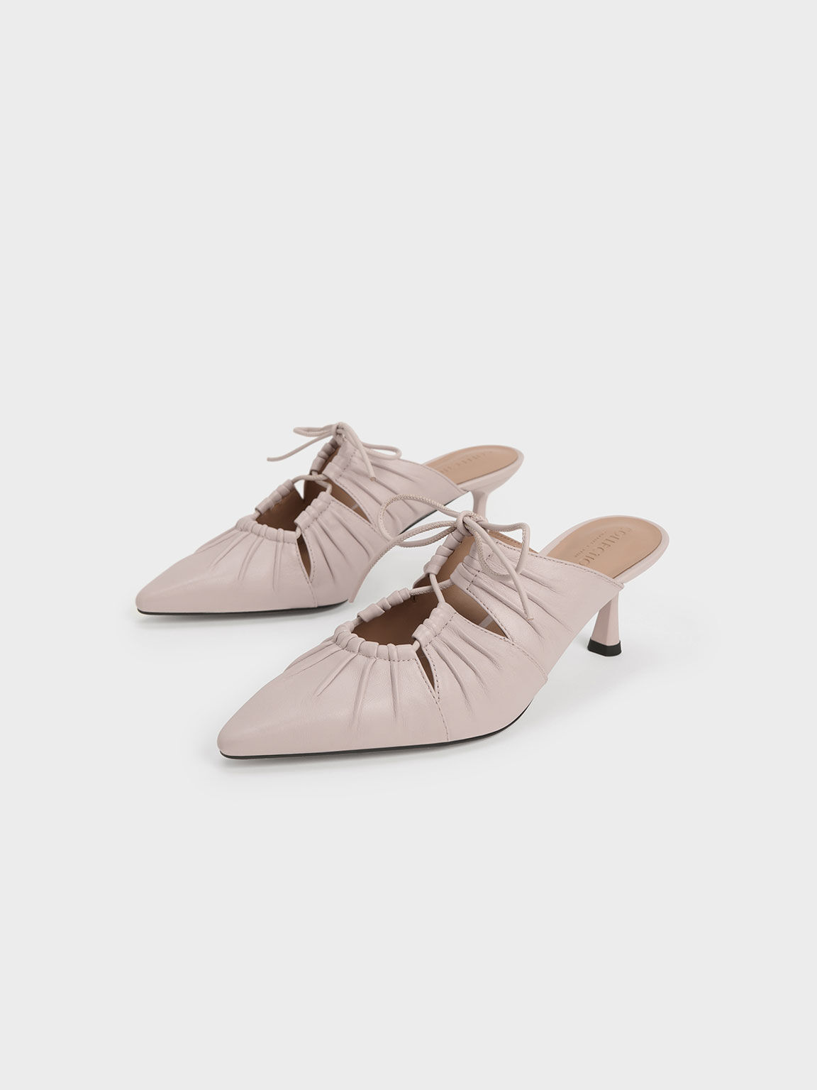 Sepatu Mules Landis Leather Ruched Bow-Tie, Pink, hi-res