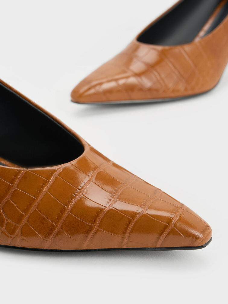 Sepatu Pumps Slant Heel Croc-Effect, Animal Print Brown, hi-res
