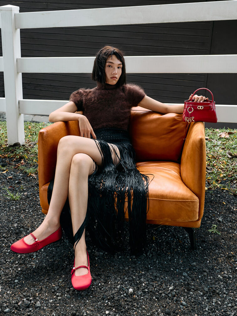 Sepatu Flats Mary Jane Knot-Pearl Orinda, Red, hi-res