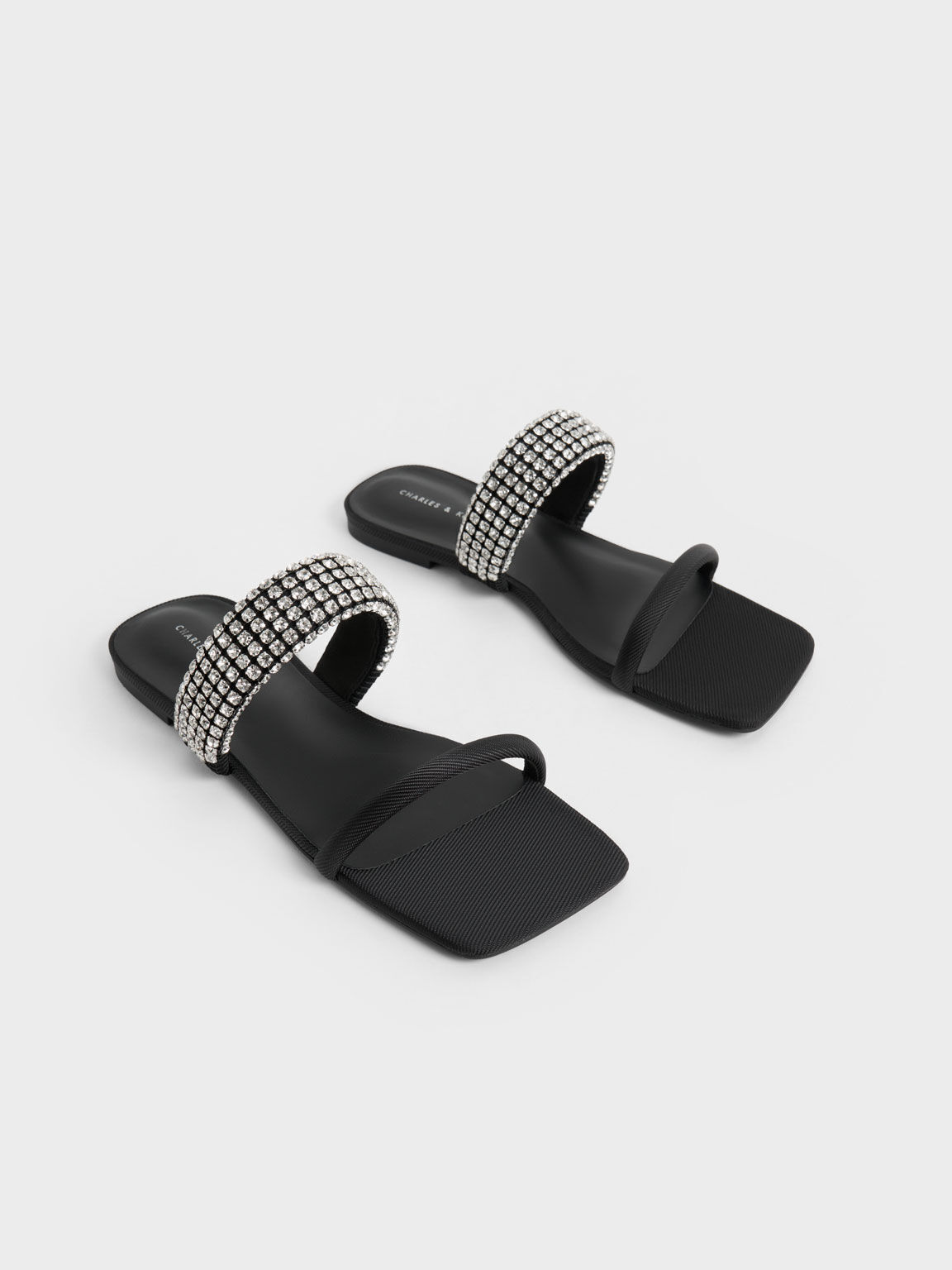 Gem-Embellished Strap Slides, Black, hi-res