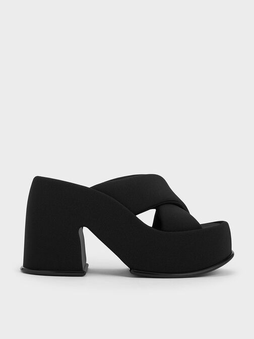 Sepatu Mules Platform Puffy-Strap Crossover Toni, Black Textured, hi-res
