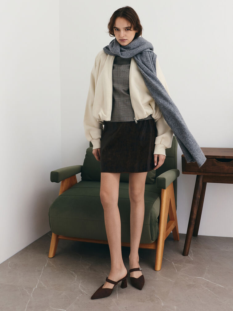 Sepatu Heeled Mules Metallic-Buckle Pointed-Toe Lando Faux Suede, Dark Brown Textured, hi-res