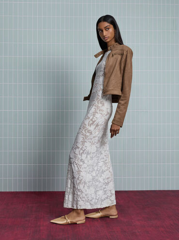 Sepatu Mules Teardrop-Crystal Flat Satin, Gold, hi-res