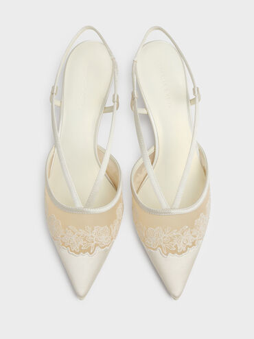 Sepatu Kitten Heels Slingback Embroidered-Satin, White, hi-res