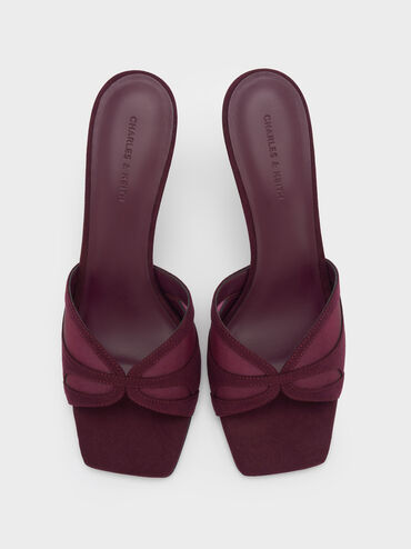 Sepatu Mules Heeled Mesh & Faux Suede, Burgundy, hi-res