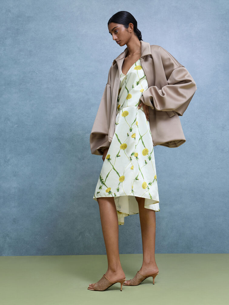 Sepatu Mules Heeled Glittered Mesh, Brown, hi-res