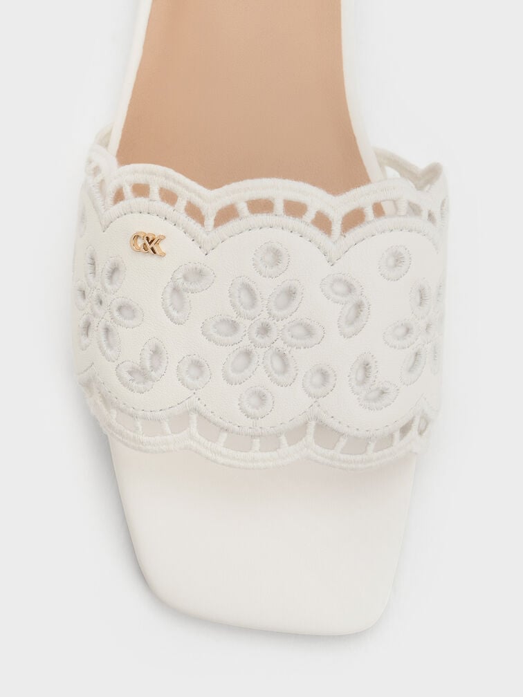 Sandal Selip Embroidered Leather, White, hi-res