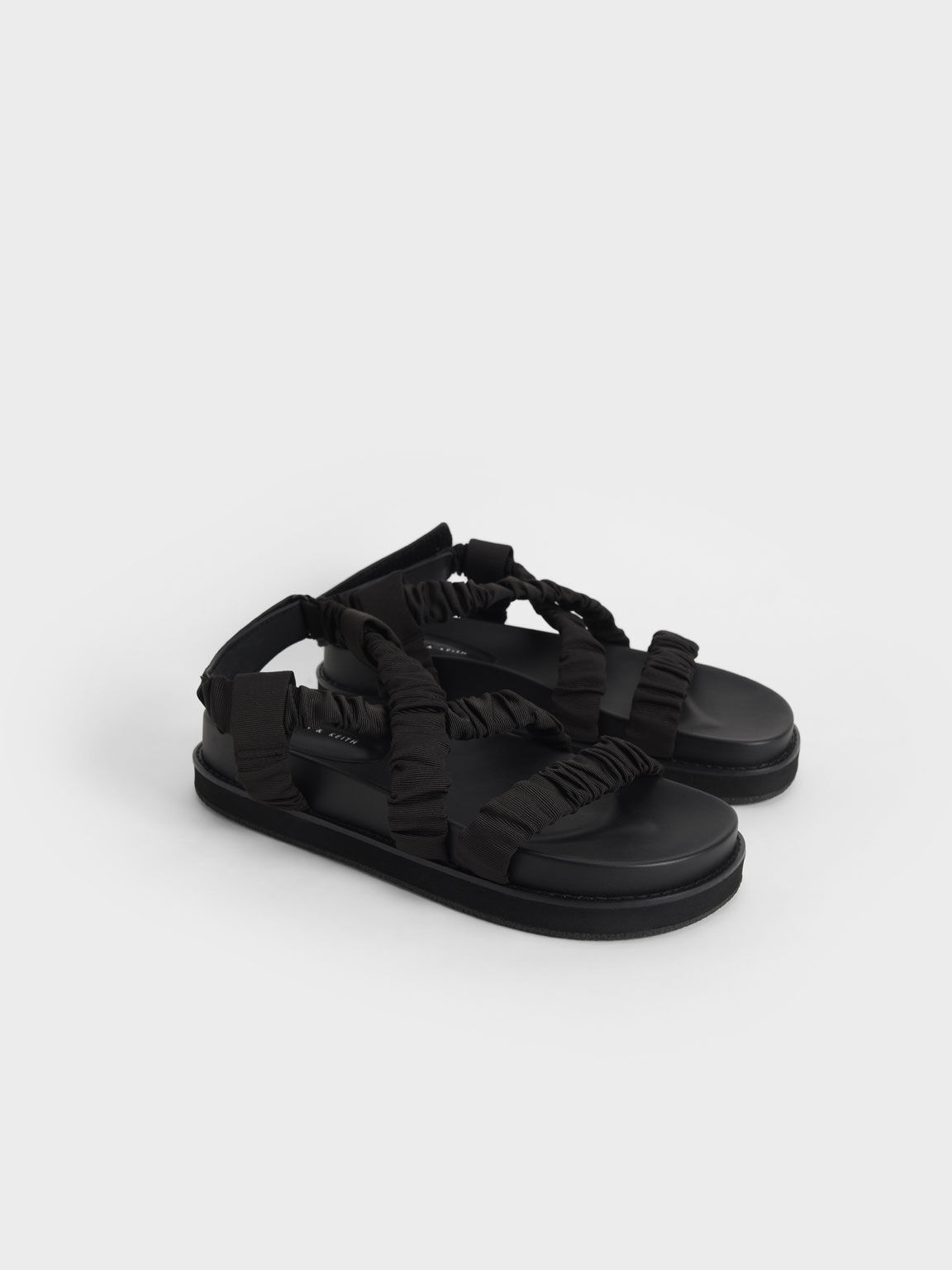 Grosgrain Ruched Crossover Sandals, Black, hi-res
