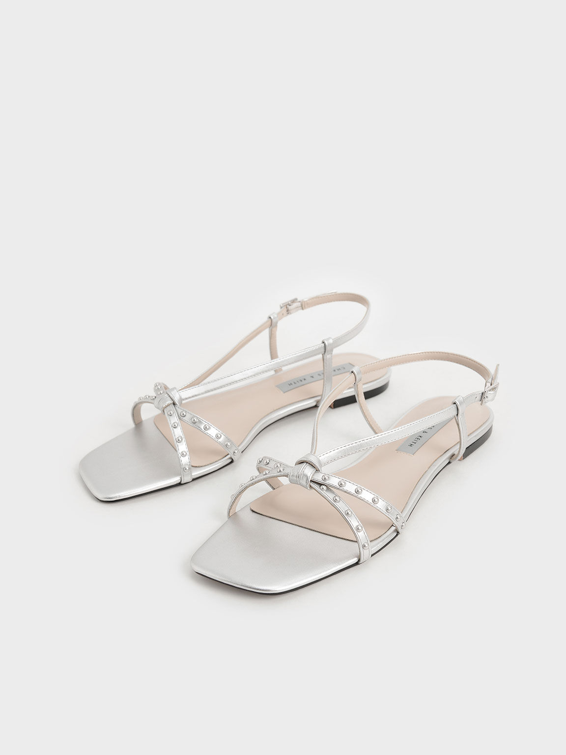 Sandal Slingback Metallic Studded Flat, Silver, hi-res