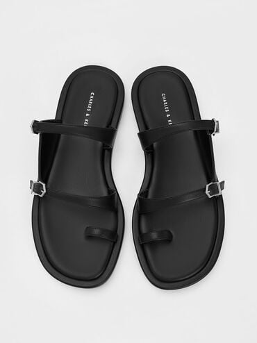 Double Buckle Toe-Loop Sandals, Black, hi-res
