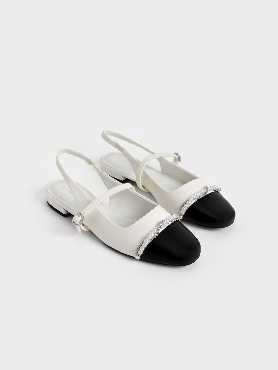 Sepatu Ballerinas Bead & Gem-Embellished Slingback, White, hi-res