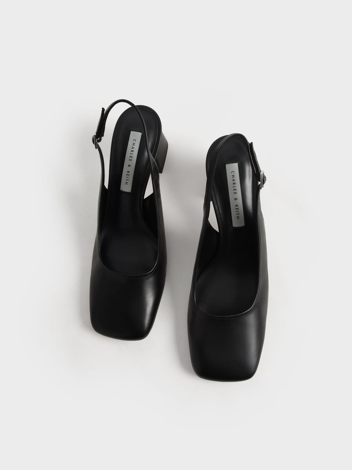 Sepatu Slingback Pumps Block Heel Square-Toe, Black, hi-res