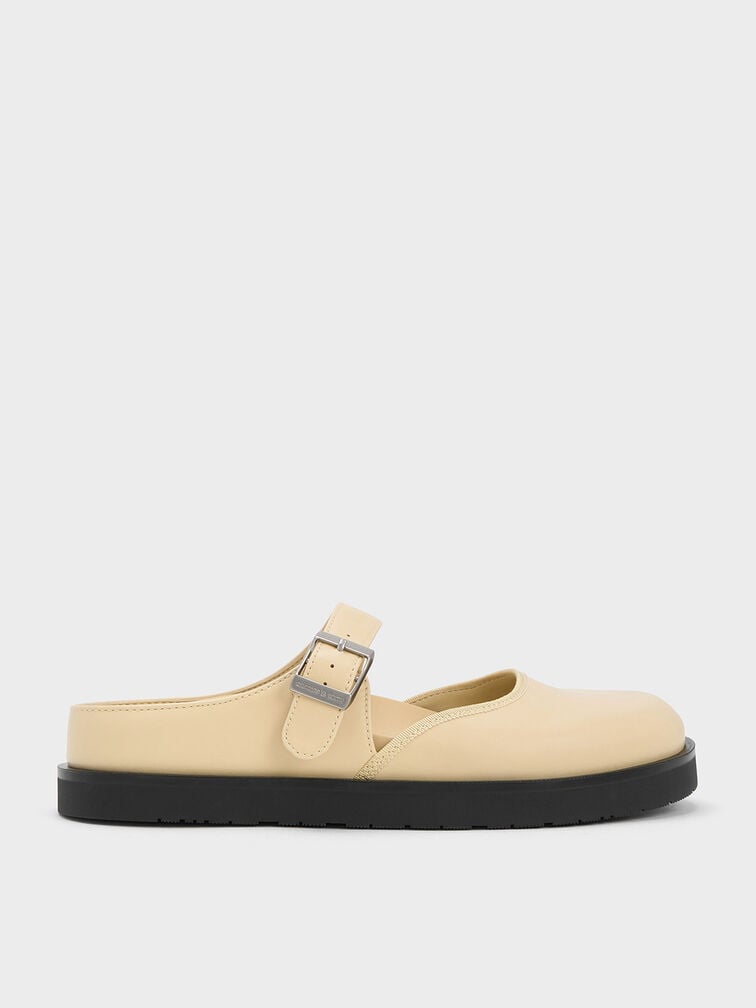 Buckled Flat Mules, Yellow, hi-res
