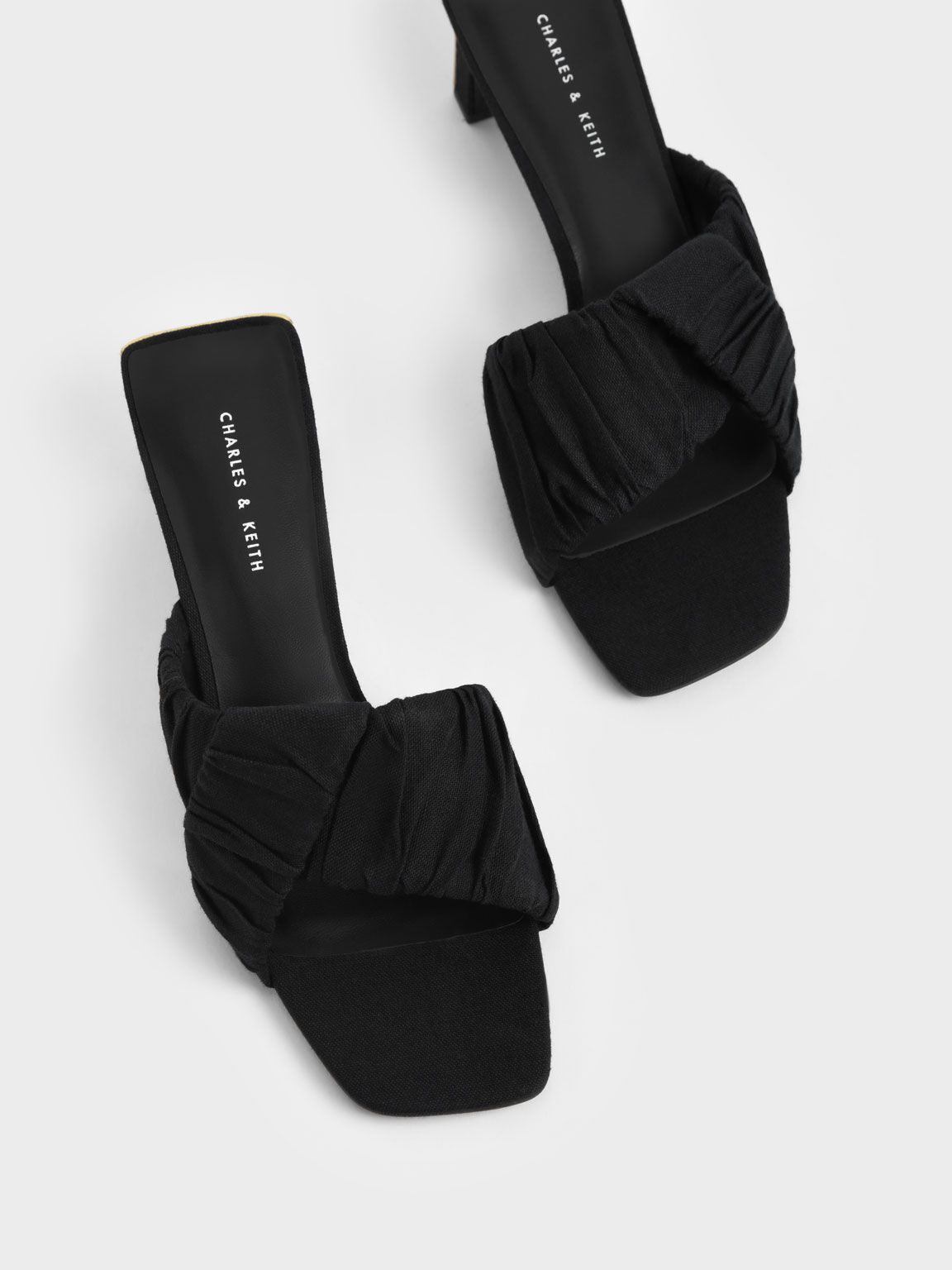 Sandal Mules Linen Asymmetric Ruched, Black, hi-res