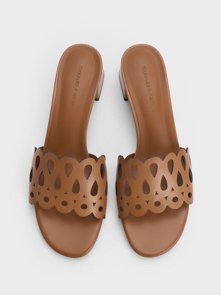 Sepatu Mules Block-Heel Cut-Out, Cognac, hi-res