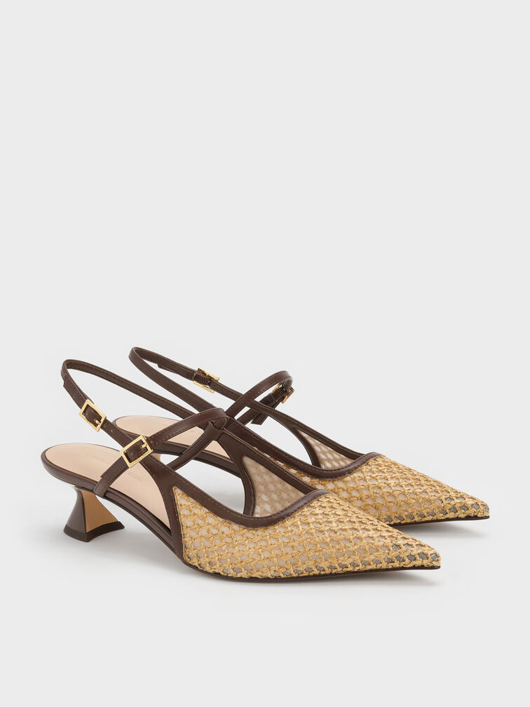 Sepatu Pumps Slingback Sculptural-Heel Raffia, Dark Brown Textured, hi-res