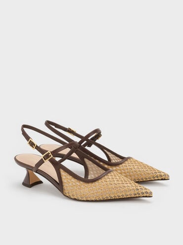 Sepatu Pumps Slingback Sculptural-Heel Raffia, Dark Brown Textured, hi-res