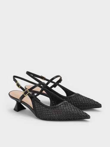 Sepatu Pumps Slingback Sculptural-Heel Raffia, Black Textured, hi-res