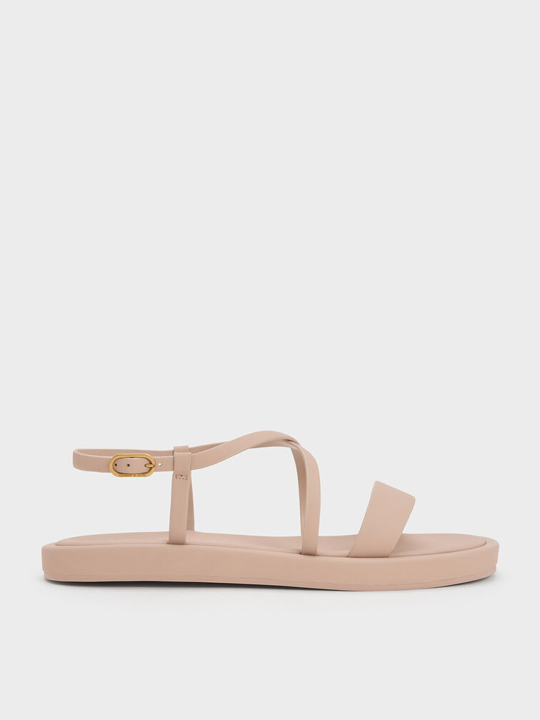 Strappy Crossover Flat Sandals, Beige, hi-res