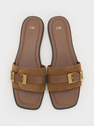 Whitney Suede & Leather Buckled Square-Toe Slide Sandals, Brown, hi-res