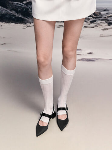 Sepatu Slingback Pumps Block-Heel Crystal-Buckle Satin, Black Textured, hi-res