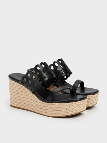Cut-Out Espadrille Wedges, Black, hi-res