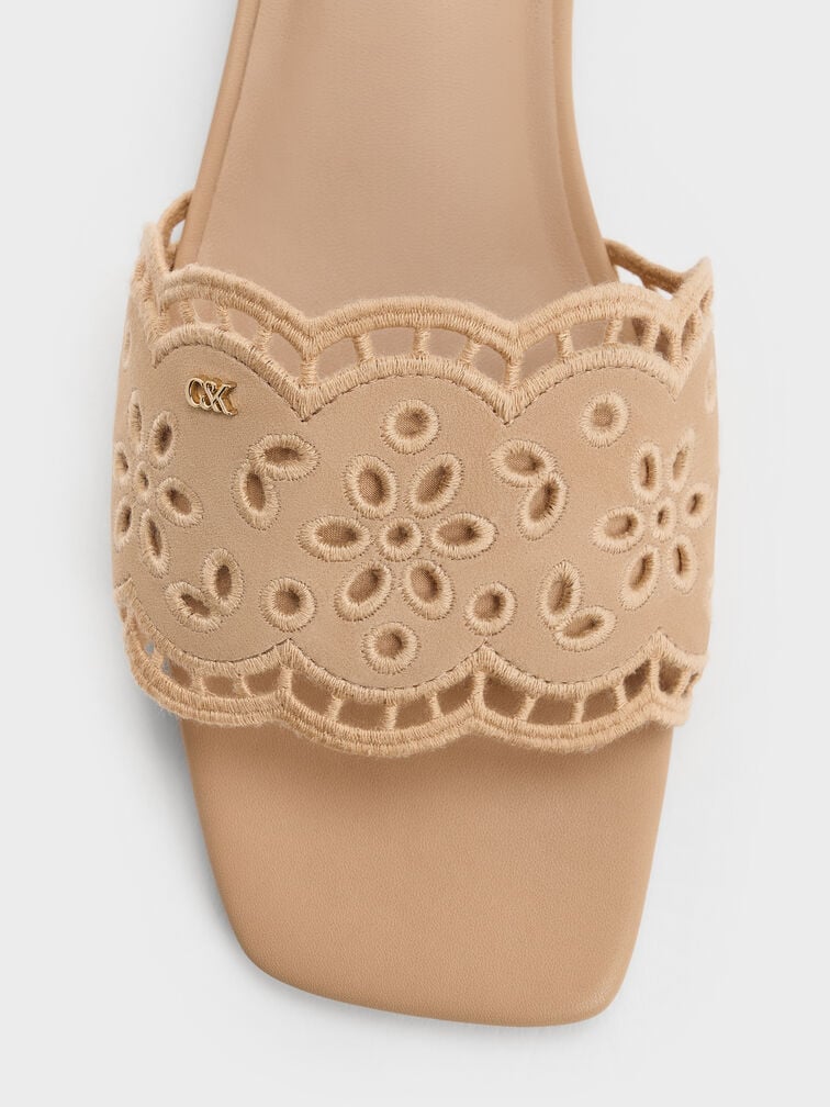 Sandal Selip Embroidered Leather, Beige, hi-res