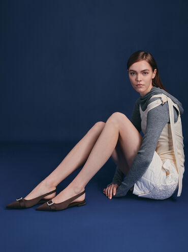 Satin Crystal-Buckle Pointed-Toe Slingback Flats, Dark Brown Textured, hi-res