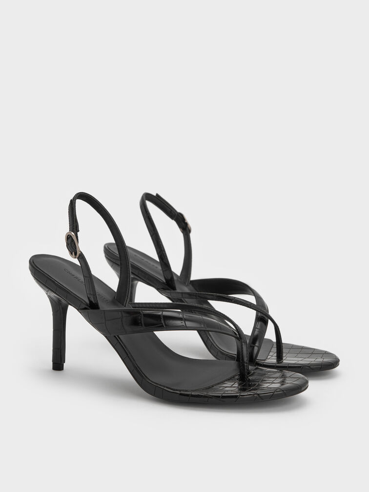 Croc-Effect Stiletto Slingback Thong Sandals, Animal Print Black, hi-res