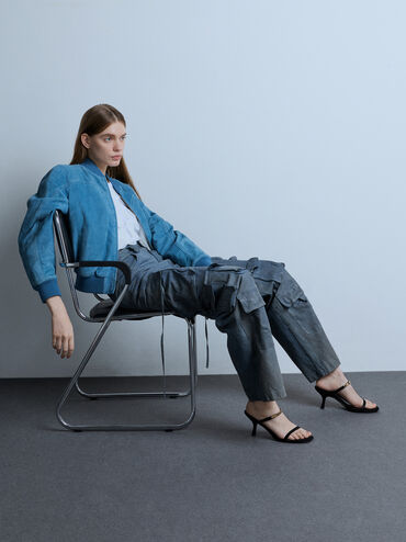 Faux Suede Metallic-Accent Double-Strap Heeled Sandals, Black Textured, hi-res