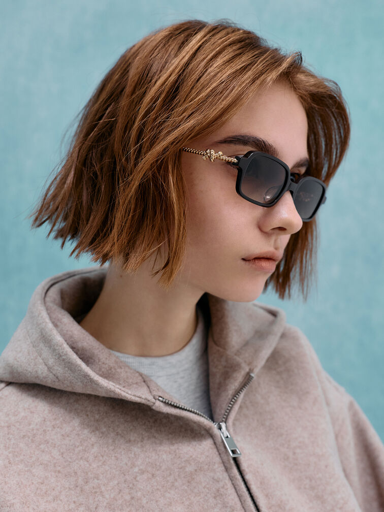 Sable Knot Rectangular Sunglasses, Black, hi-res