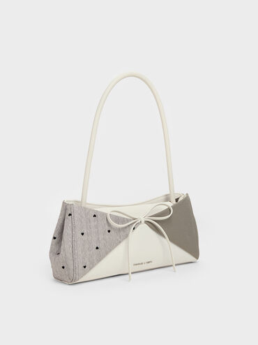 Tas Bahu Panelled Bow Heart-Print Hazel, Taupe, hi-res