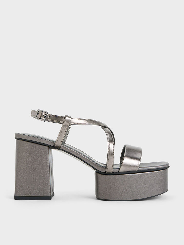 Metallic Crossover Strap Platform Sandals, Pewter, hi-res