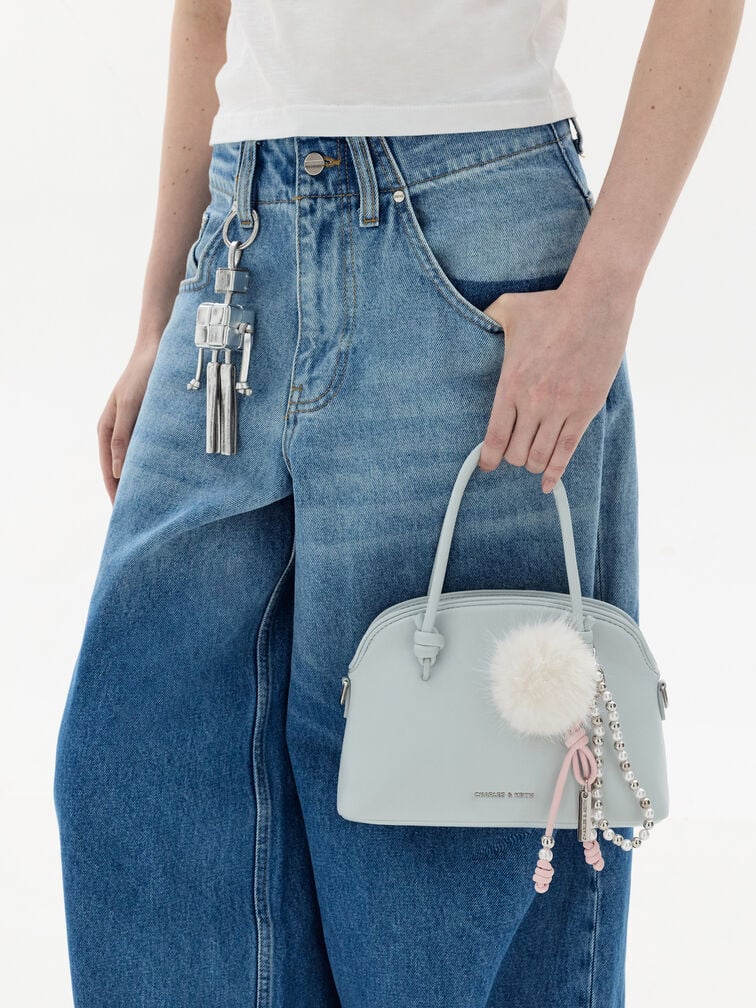 Gantungan Tas Furry Ball Pearl Beaded-Strap, Cream, hi-res