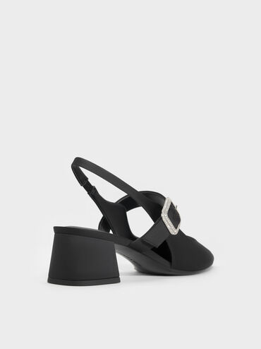 Sepatu Slingback Pumps Block-Heel Crystal-Buckle Satin, Black Textured, hi-res