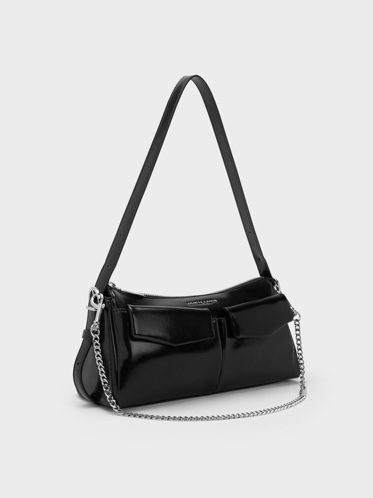 Rachel Front-Pocket Chain Shoulder Bag, Noir, hi-res