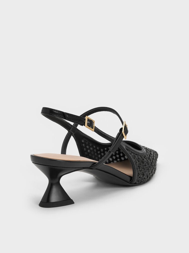 Sepatu Pumps Slingback Sculptural-Heel Raffia, Black Textured, hi-res