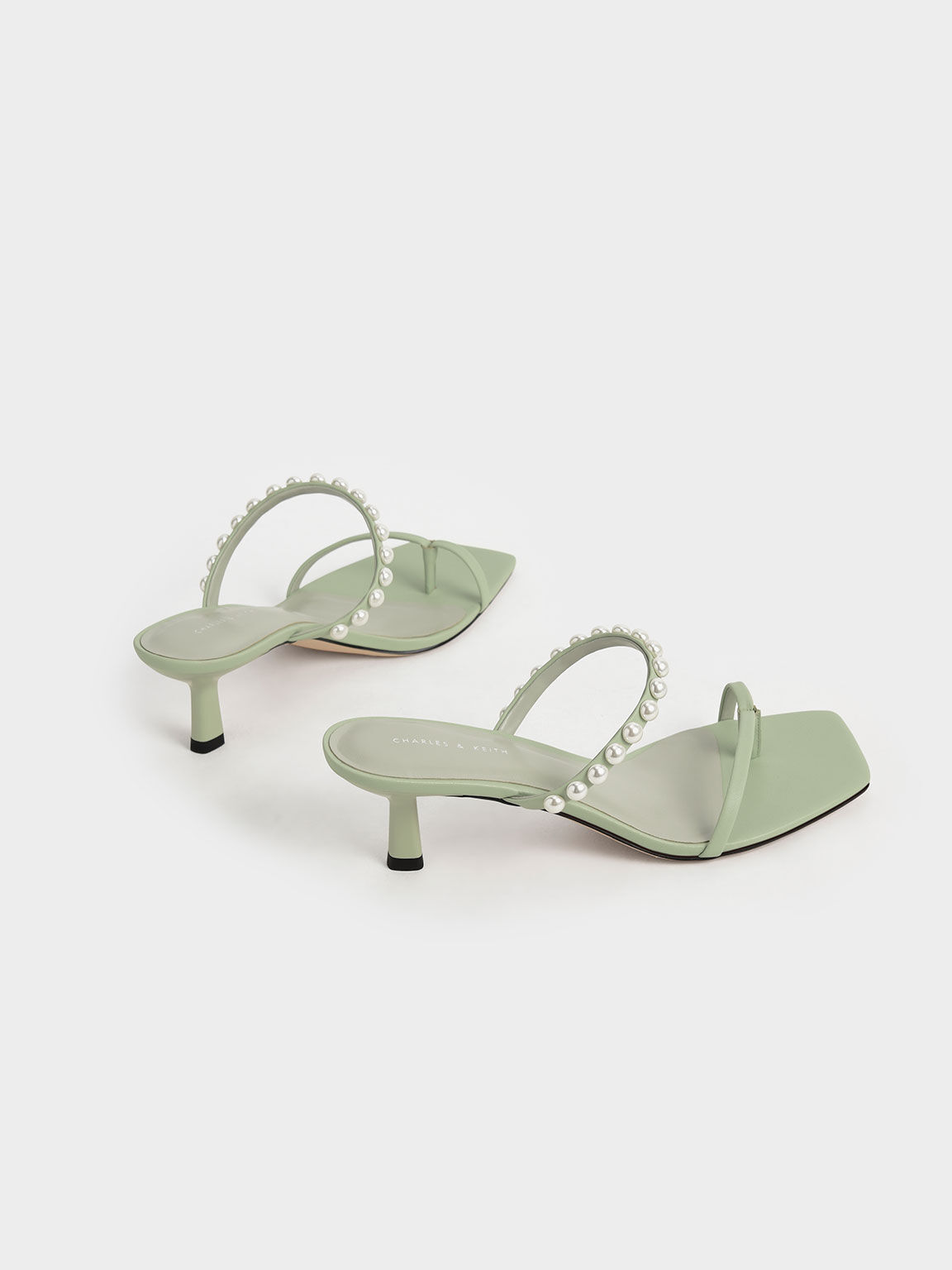 Sandal Thong Heeled Pearl-Embellished, Sage Green, hi-res