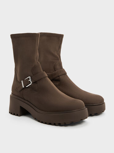 Sepatu Boots Ankle Platform Evan Faux Suede, Dark Brown Textured, hi-res