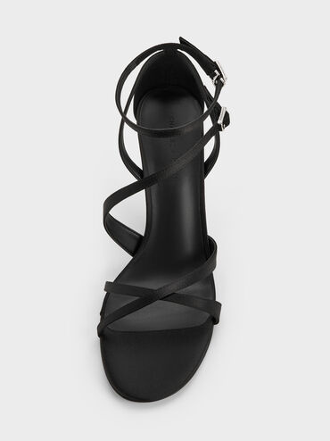 Satin Asymmetric Strappy Heeled Sandals, Black Textured, hi-res