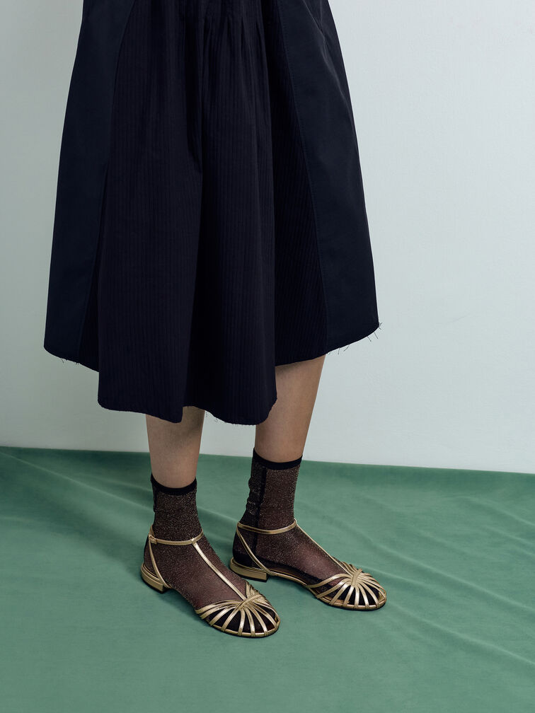 Sandal Caged Leather Metallic Jaylene, Gold, hi-res