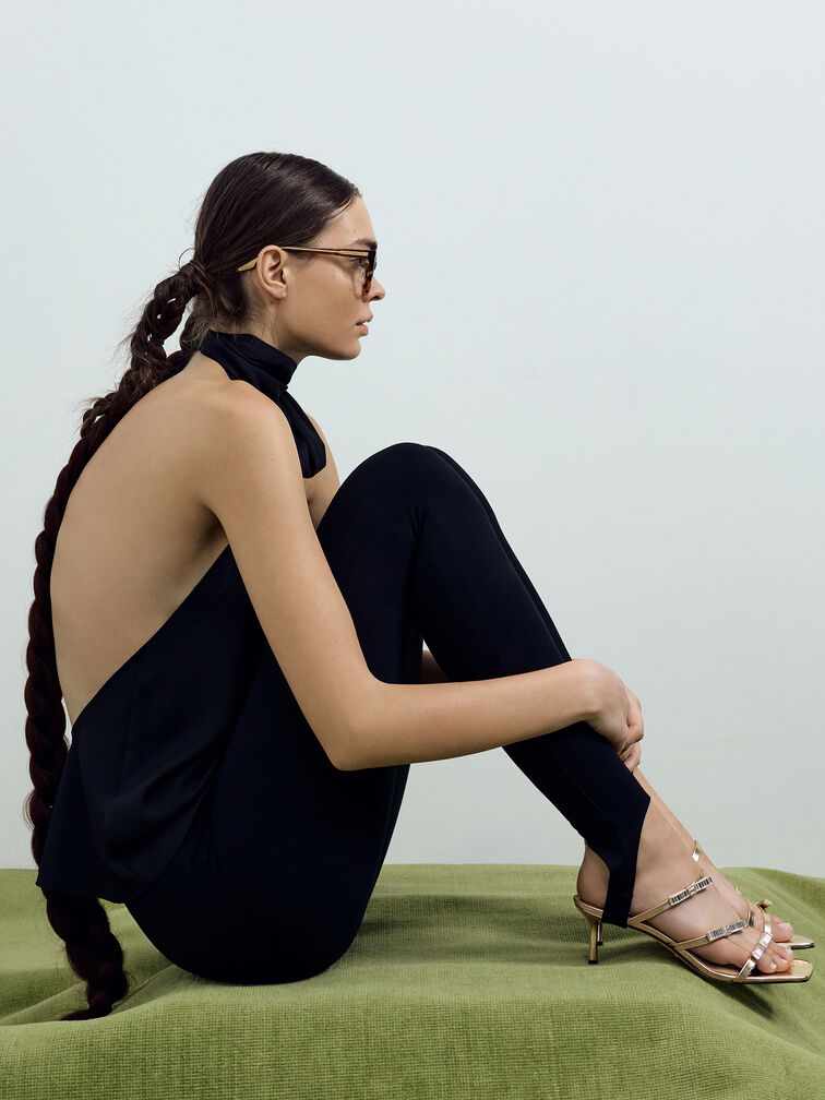 Sandal Heeled Gem-Bow Jessy Leather, Gold, hi-res