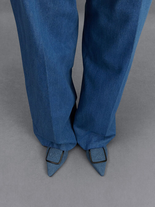 Sepatu Flats Pointed-Toe Leather & Denim, Blue, hi-res