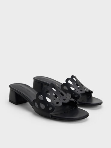 Sepatu Mules Block-Heel Cut-Out, Black, hi-res