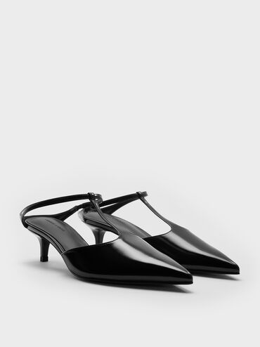 T-Bar Pointed-Toe Kitten-Heel Mules, Black Box, hi-res