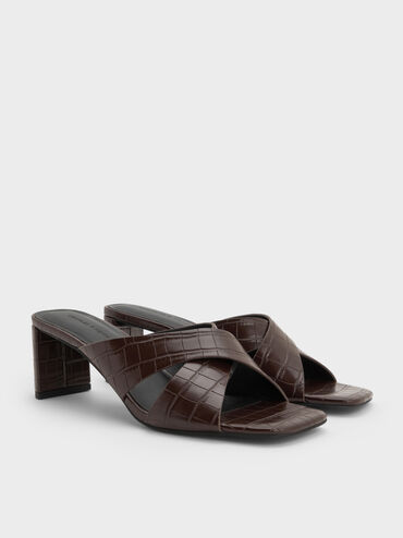 Sepatu Mules Blade-Heel Crossover-Strap Croc-Effect Georgina, Animal Print Brown, hi-res