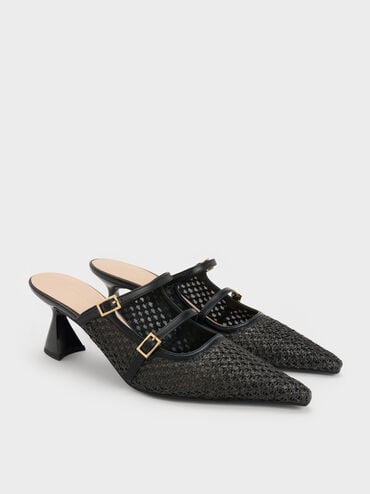 Sepatu Mules Pointed Sculptural-Heel Raffia, Black Textured, hi-res