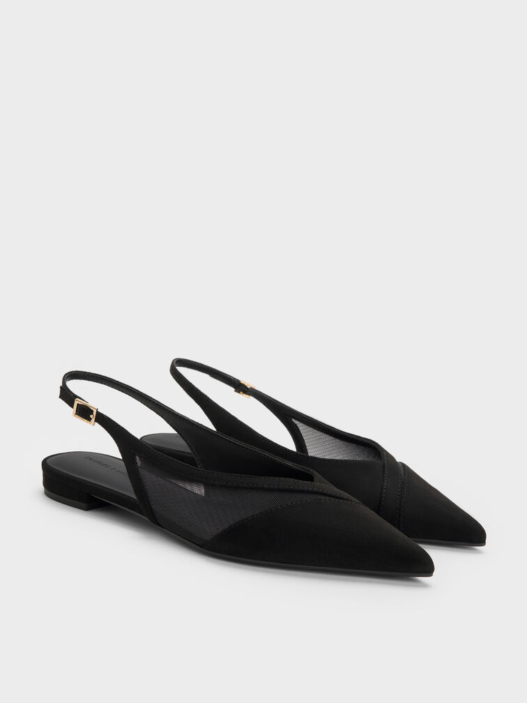 Sepatu Flats Slingback Suede & Mesh Faux, Black Textured, hi-res