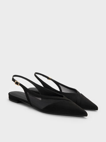 Sepatu Flats Slingback Suede & Mesh Faux, Black Textured, hi-res