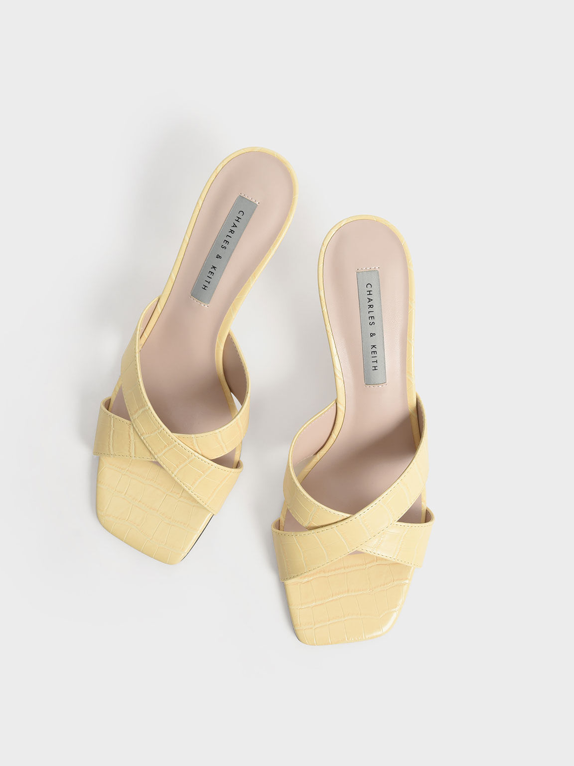 Sepatu Mules Blade Heel Crossover Croc-Effect Metallic, Animal Print Yellow, hi-res